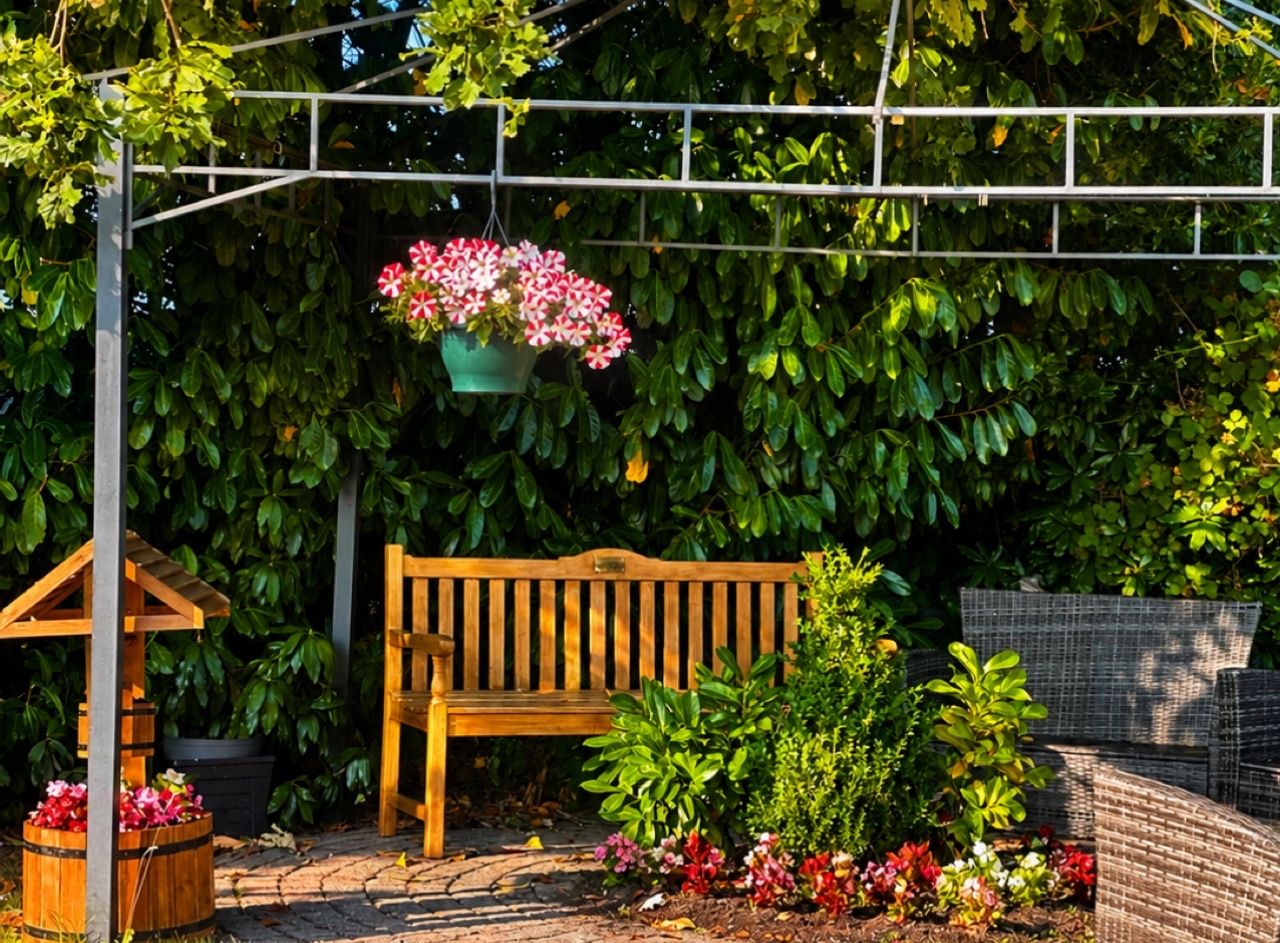 A wooden bench under a pergola in the garden, with a hanging basket above and flower beds around it.